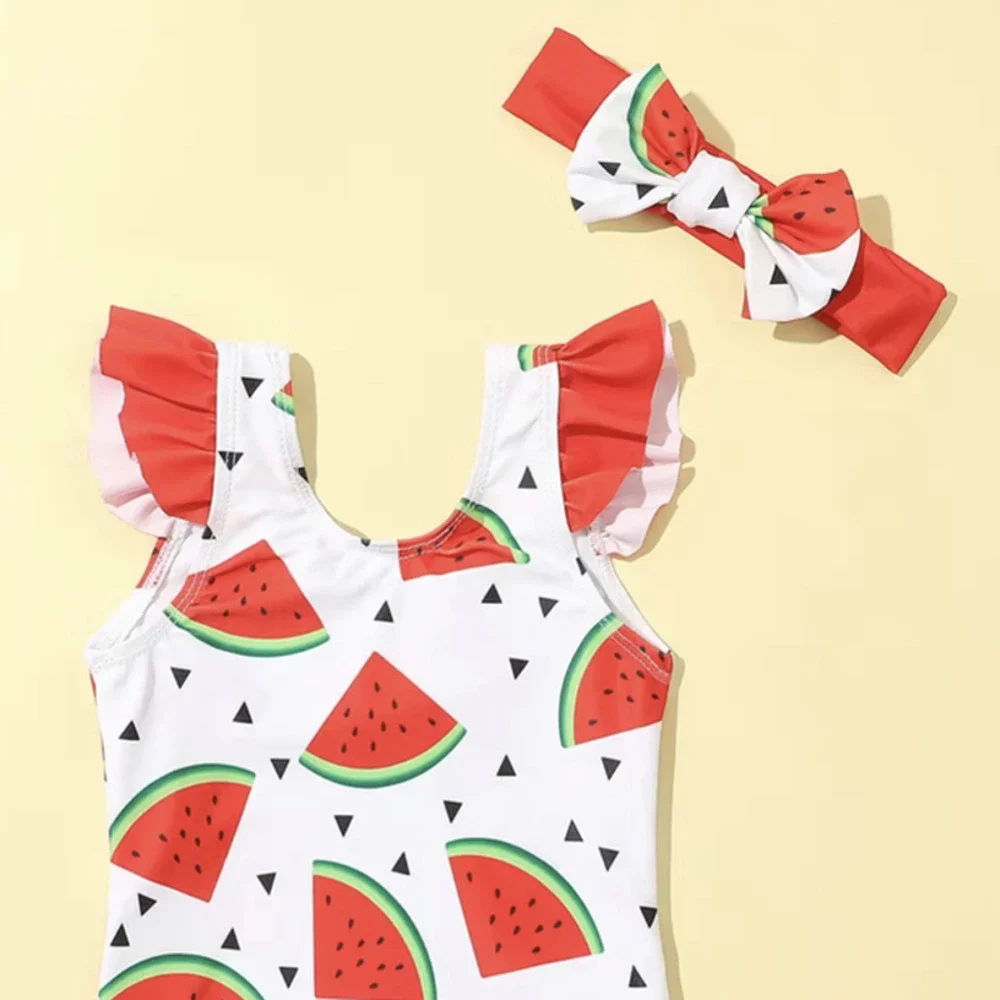 Baby Watermelon Ruffle Shoulder Headband One Piece Swimsuit Sz 9-12 mont…(80)